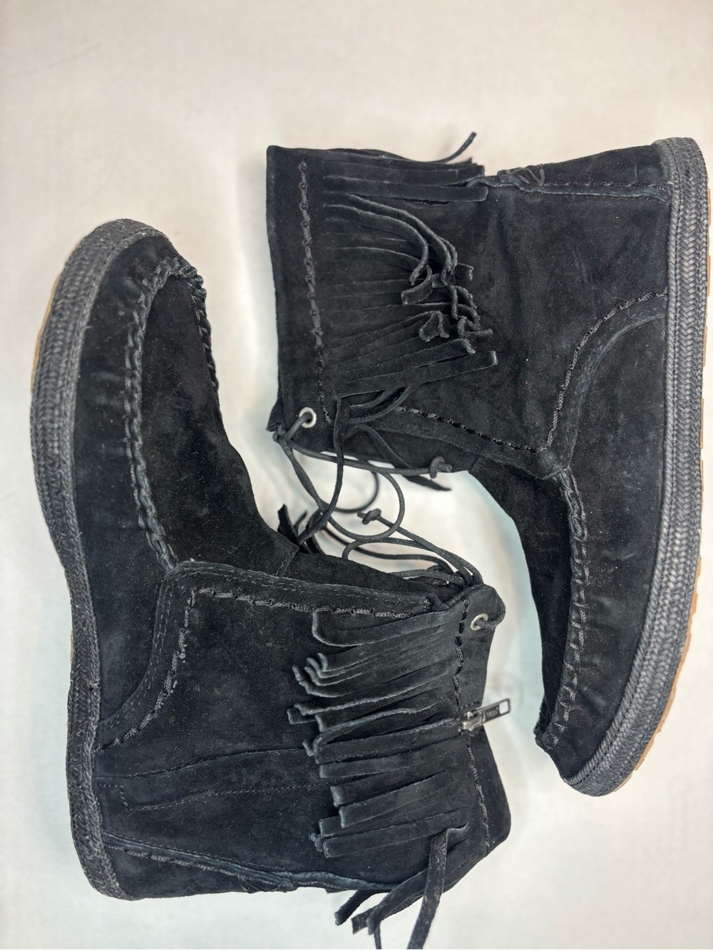UGG Kaysa black suede moccasin boots with fringe detail 9.5